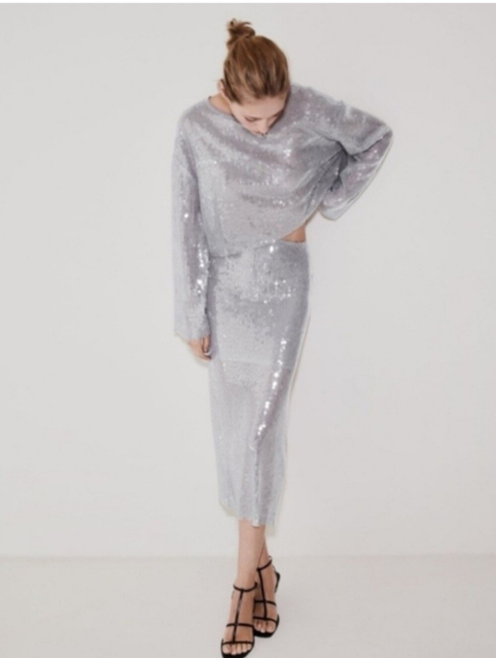 Zara Silver Sequin Two-Piece Dress Set Small